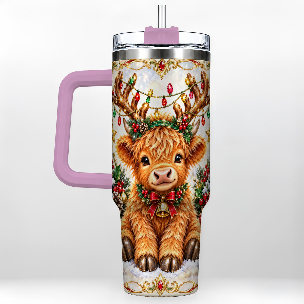 #pl[40oz|Pink] Christmas Highland Cow 40oz Tumbler with Handle, Reindeer Theme