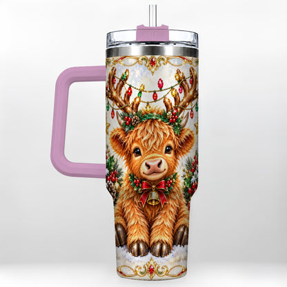 #pl[40oz|Pink] Christmas Highland Cow 40oz Tumbler with Handle, Reindeer Theme