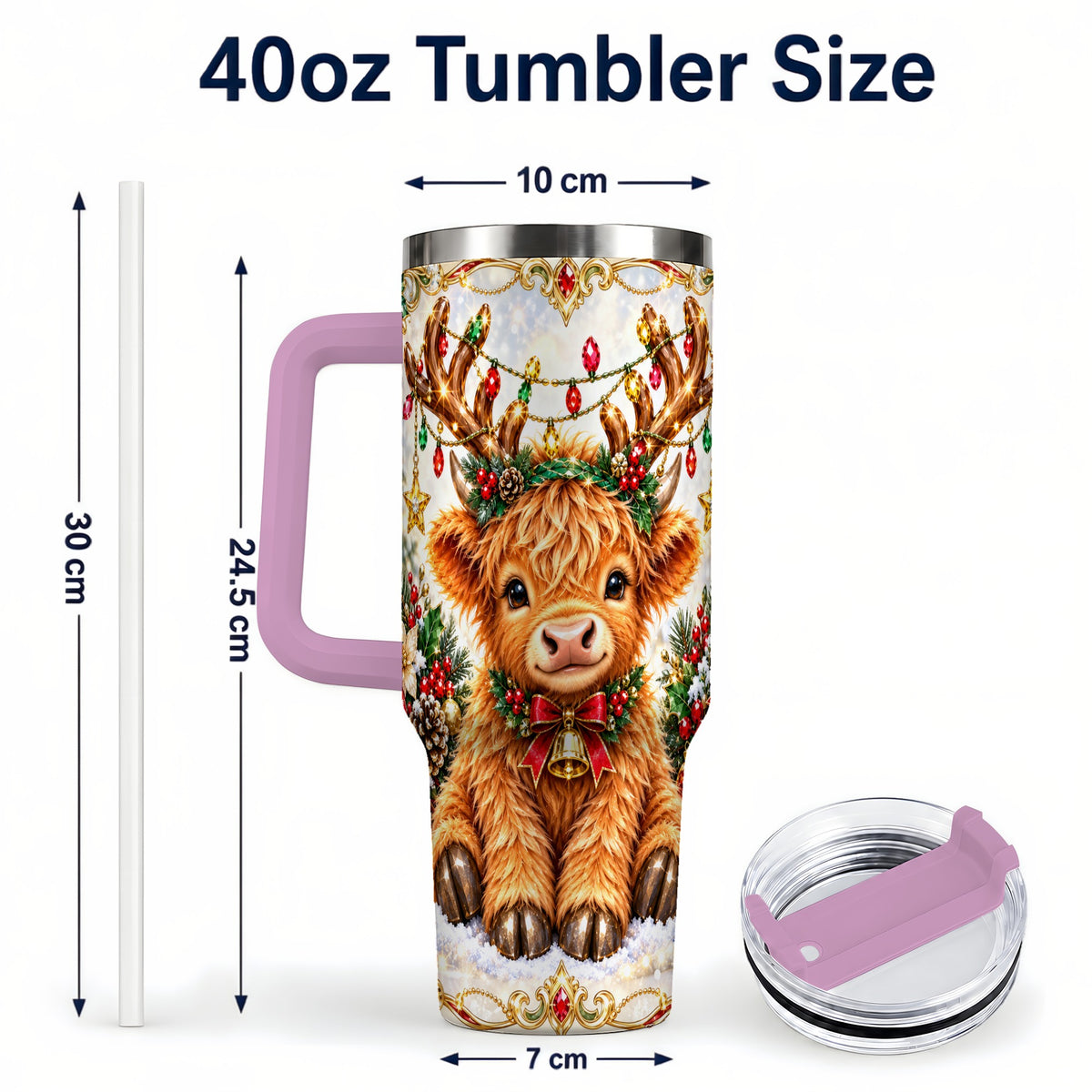 #pl[40oz|Pink] Christmas Highland Cow 40oz Tumbler with Handle, Reindeer Theme