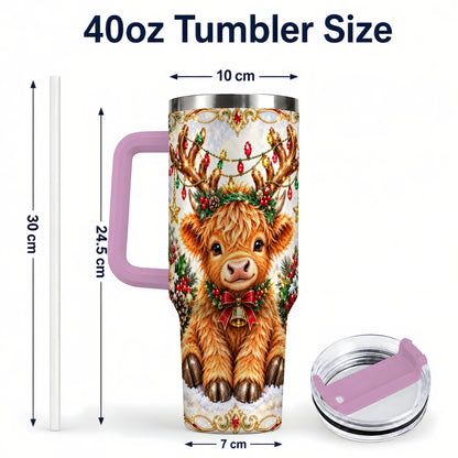 #pl[40oz|Pink] Christmas Highland Cow 40oz Tumbler with Handle, Reindeer Theme