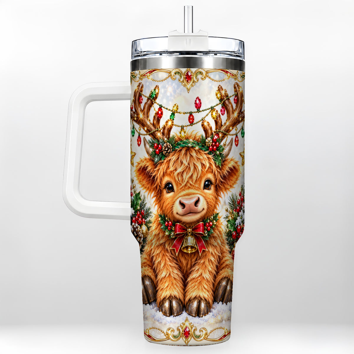 #pl[40oz|White] Christmas Highland Cow 40oz Tumbler with Handle, Reindeer Theme