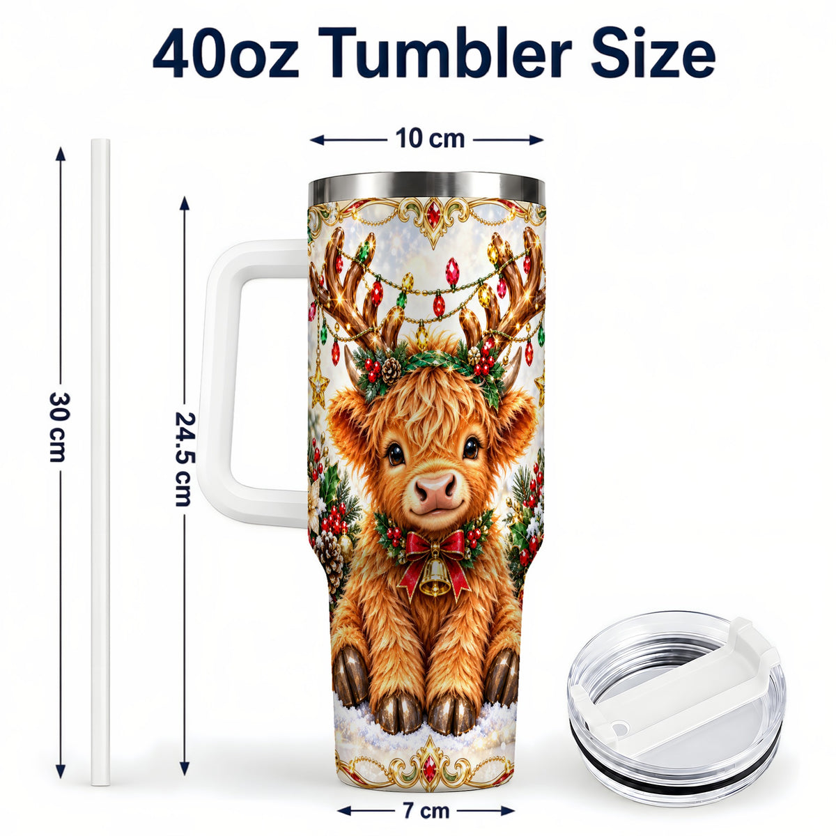 #pl[40oz|White] Christmas Highland Cow 40oz Tumbler with Handle, Reindeer Theme