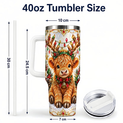 #pl[40oz|White] Christmas Highland Cow 40oz Tumbler with Handle, Reindeer Theme
