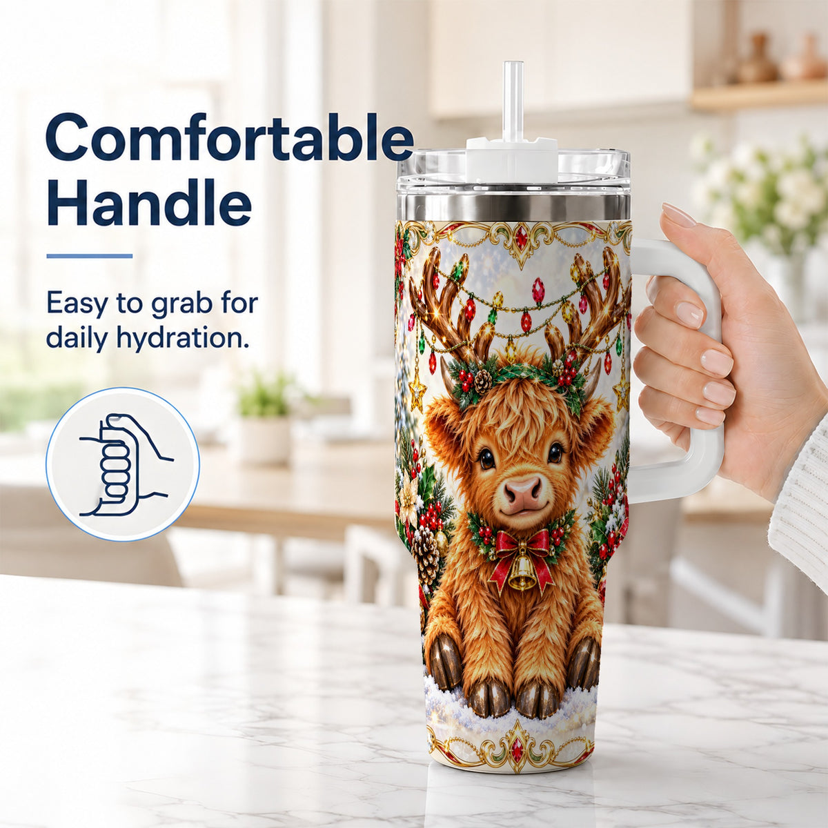 #pl[40oz|White] Christmas Highland Cow 40oz Tumbler with Handle, Reindeer Theme