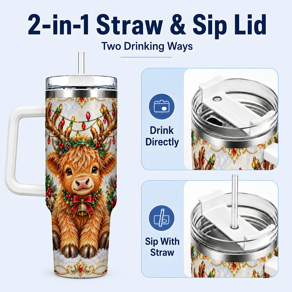 #pl[40oz|White] Christmas Highland Cow 40oz Tumbler with Handle, Reindeer Theme