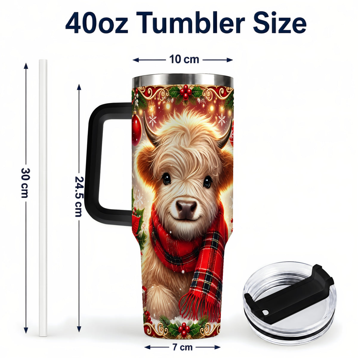 #pl[40oz|Black] Plaid Highland Cow 40oz Tumbler with Handle, Holiday Travel Cup
