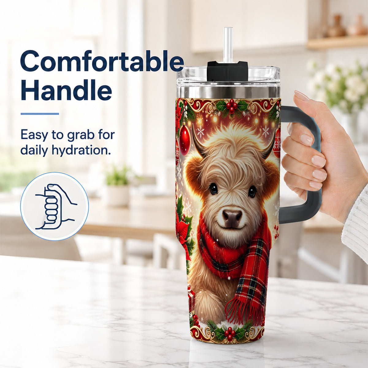 #pl[40oz|Black] Plaid Highland Cow 40oz Tumbler with Handle, Holiday Travel Cup