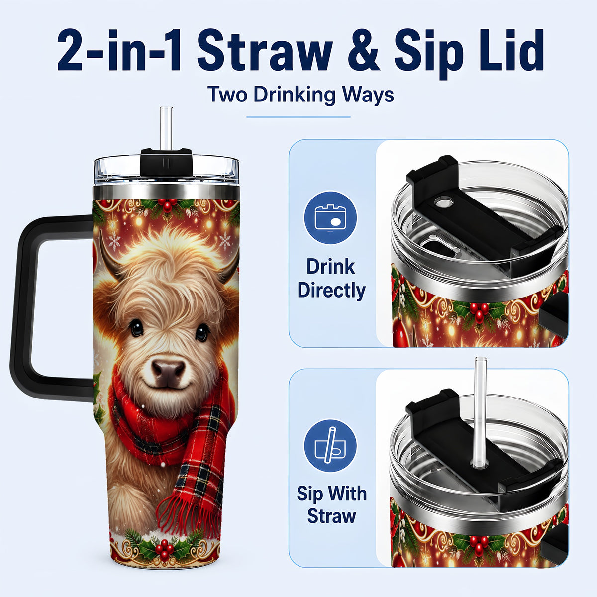 #pl[40oz|Black] Plaid Highland Cow 40oz Tumbler with Handle, Holiday Travel Cup