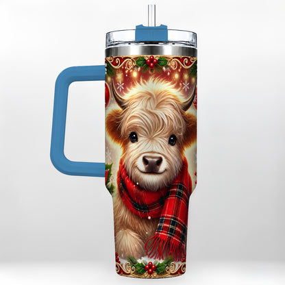 #pl[40oz|Blue] Plaid Highland Cow 40oz Tumbler with Handle, Holiday Travel Cup