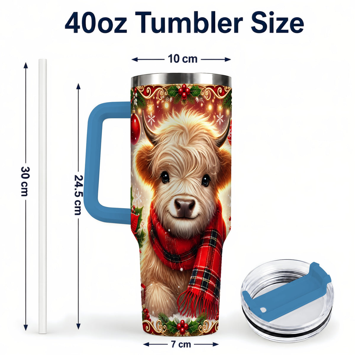 #pl[40oz|Blue] Plaid Highland Cow 40oz Tumbler with Handle, Holiday Travel Cup