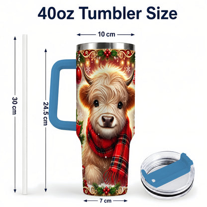 #pl[40oz|Blue] Plaid Highland Cow 40oz Tumbler with Handle, Holiday Travel Cup