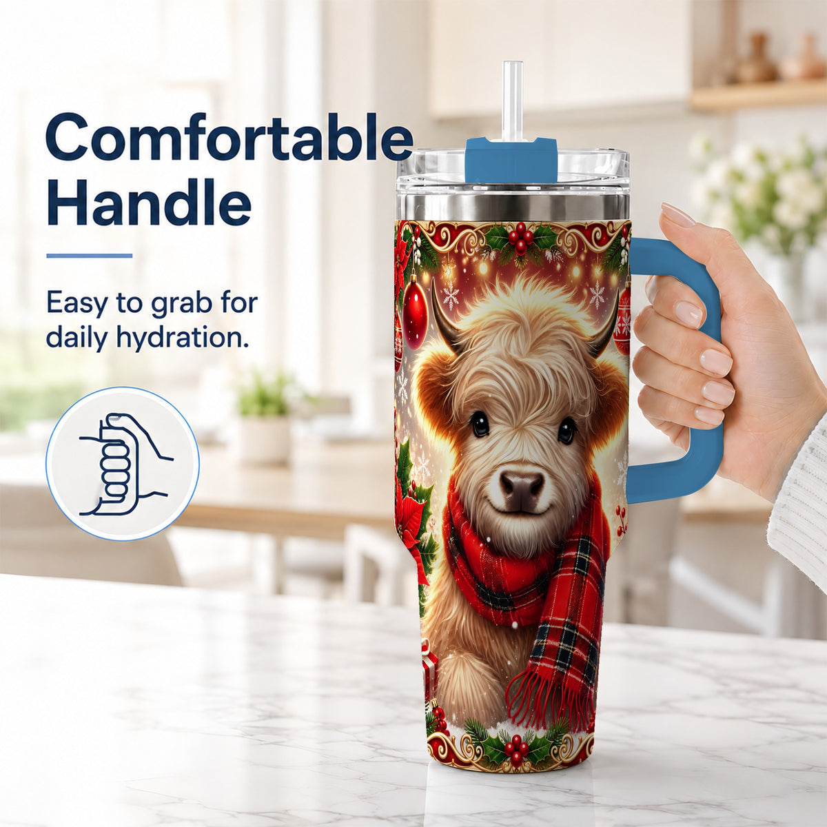 #pl[40oz|Blue] Plaid Highland Cow 40oz Tumbler with Handle, Holiday Travel Cup