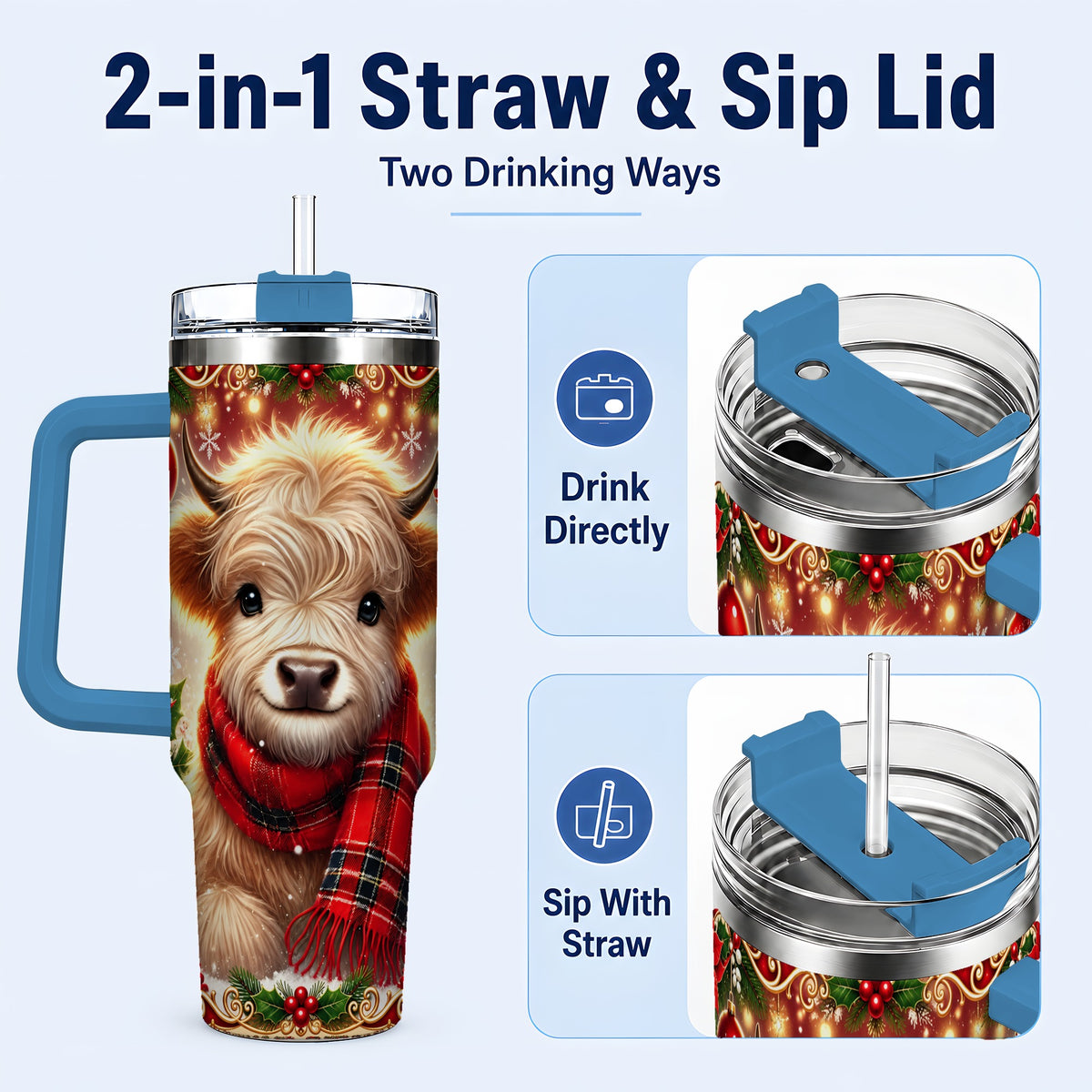 #pl[40oz|Blue] Plaid Highland Cow 40oz Tumbler with Handle, Holiday Travel Cup