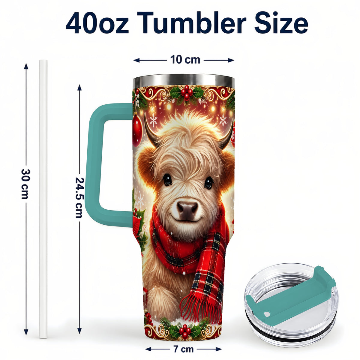 #pl[40oz|Green] Plaid Highland Cow 40oz Tumbler with Handle, Holiday Travel Cup