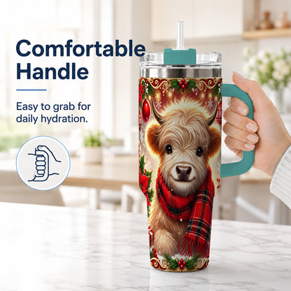 #pl[40oz|Green] Plaid Highland Cow 40oz Tumbler with Handle, Holiday Travel Cup