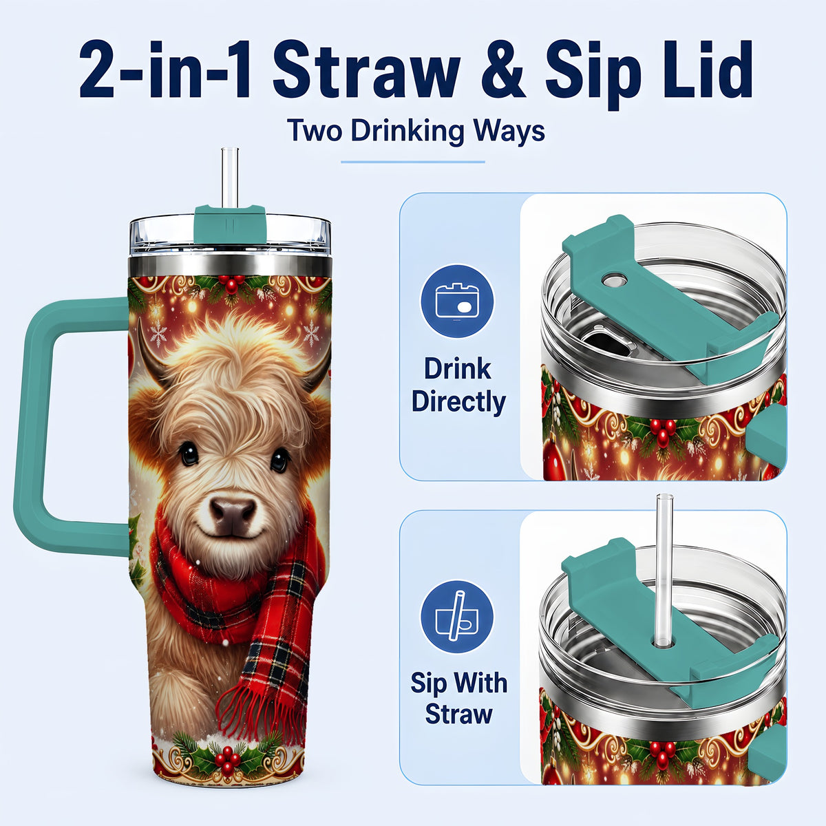#pl[40oz|Green] Plaid Highland Cow 40oz Tumbler with Handle, Holiday Travel Cup
