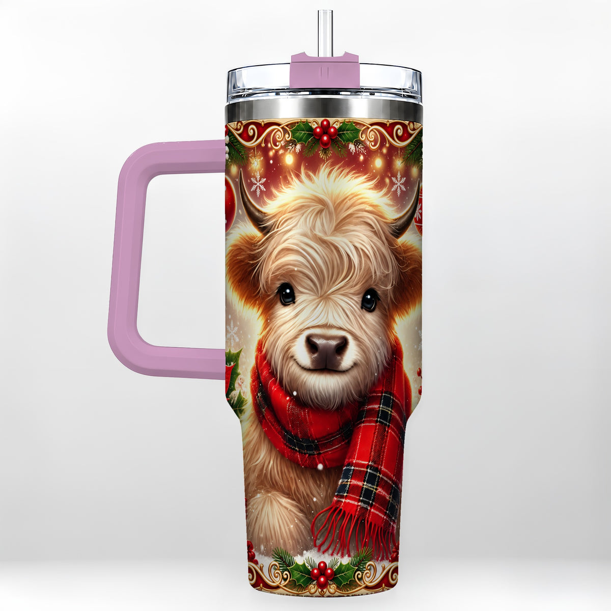 #pl[40oz|Pink] Plaid Highland Cow 40oz Tumbler with Handle, Holiday Travel Cup