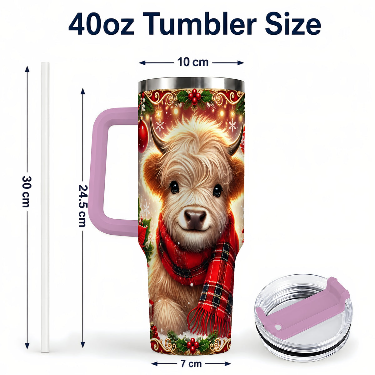 #pl[40oz|Pink] Plaid Highland Cow 40oz Tumbler with Handle, Holiday Travel Cup