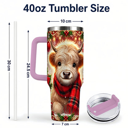 #pl[40oz|Pink] Plaid Highland Cow 40oz Tumbler with Handle, Holiday Travel Cup