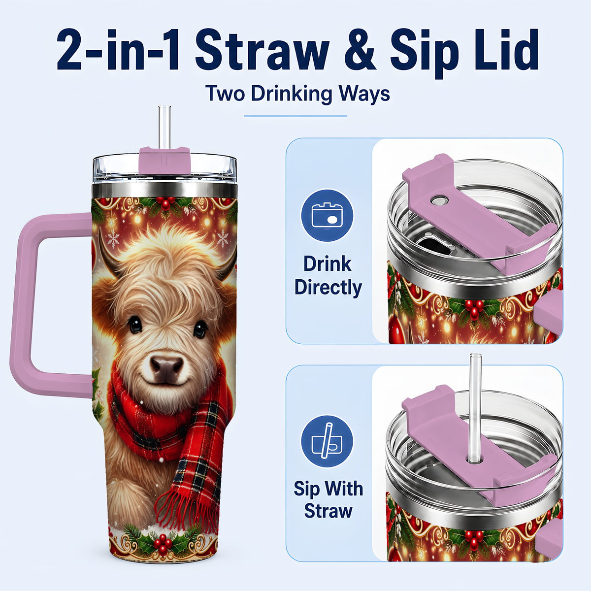 #pl[40oz|Pink] Plaid Highland Cow 40oz Tumbler with Handle, Holiday Travel Cup