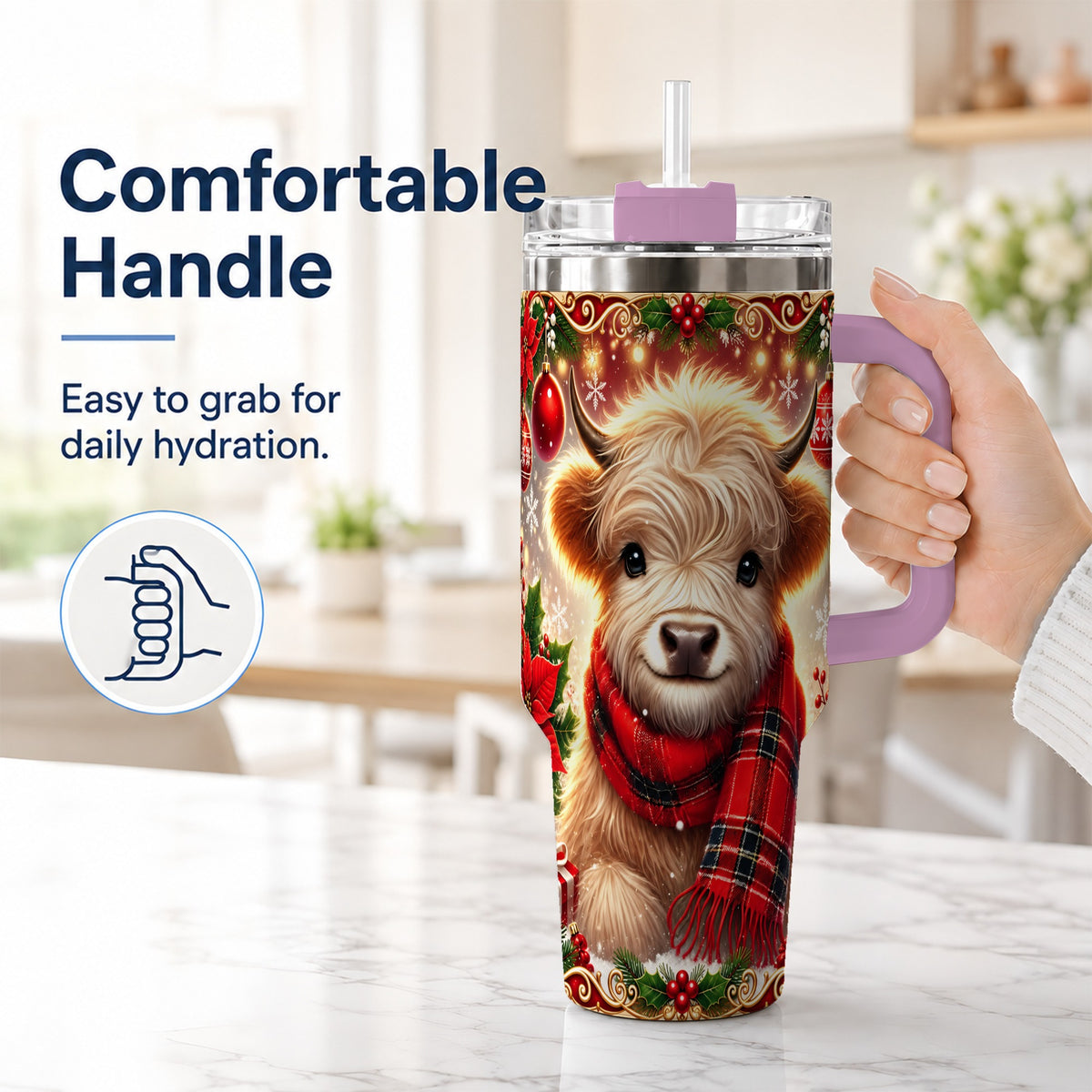 #pl[40oz|Pink] Plaid Highland Cow 40oz Tumbler with Handle, Holiday Travel Cup