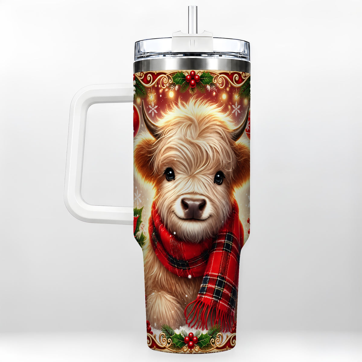 #pl[40oz|White] Plaid Highland Cow 40oz Tumbler with Handle, Holiday Travel Cup