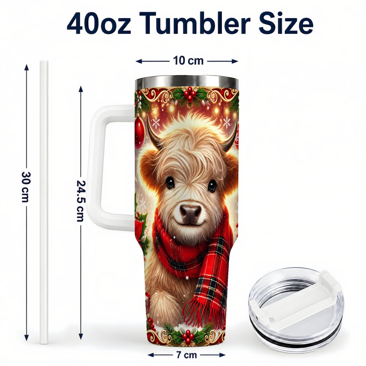 #pl[40oz|White] Plaid Highland Cow 40oz Tumbler with Handle, Holiday Travel Cup