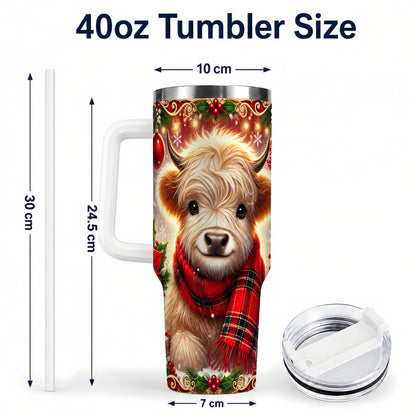 #pl[40oz|White] Plaid Highland Cow 40oz Tumbler with Handle, Holiday Travel Cup