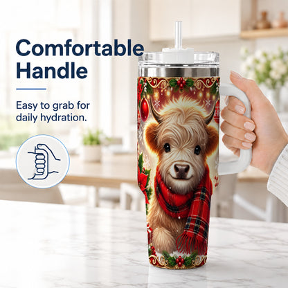 #pl[40oz|White] Plaid Highland Cow 40oz Tumbler with Handle, Holiday Travel Cup