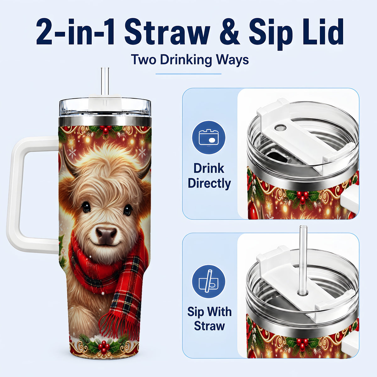 #pl[40oz|White] Plaid Highland Cow 40oz Tumbler with Handle, Holiday Travel Cup