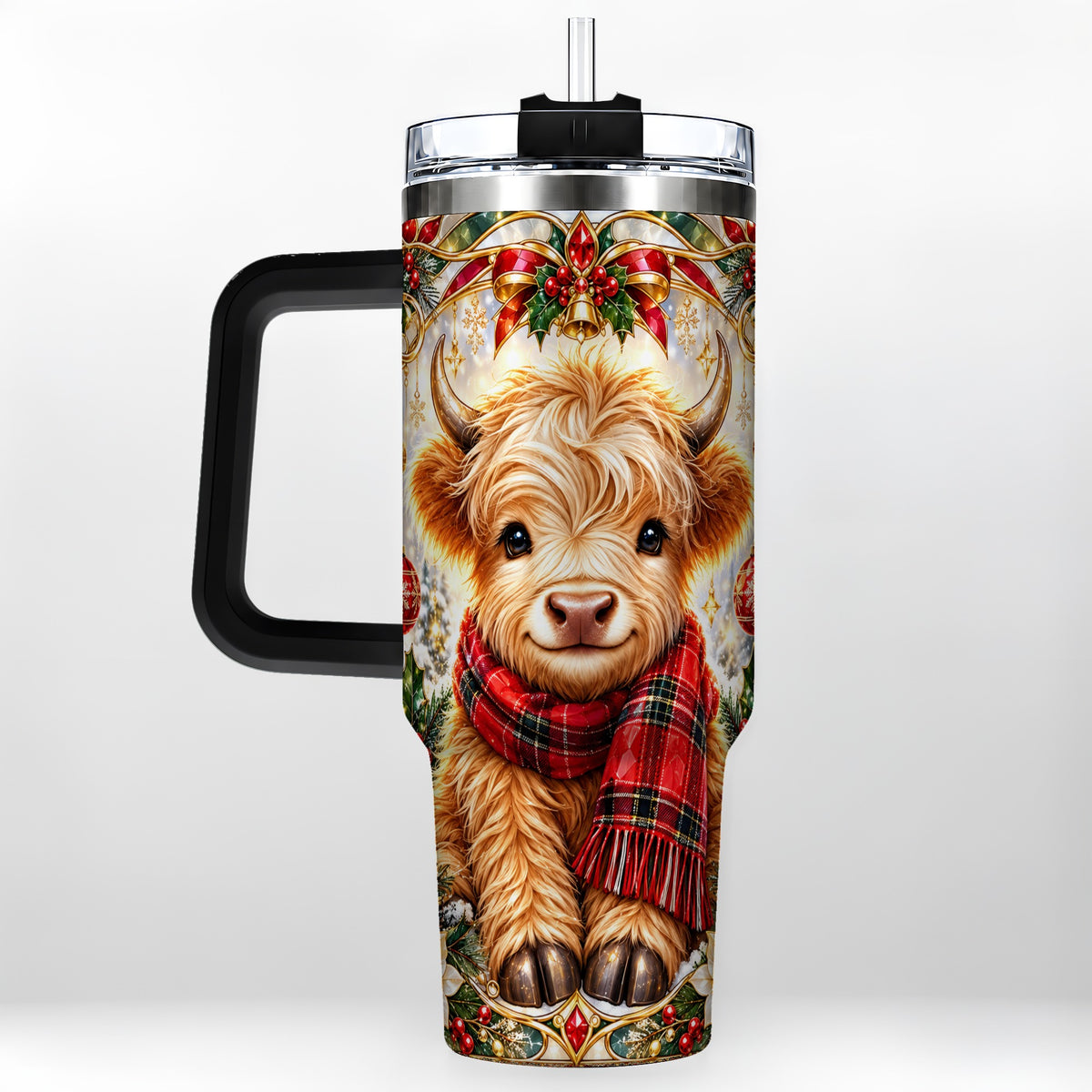 #pl[40oz|Black] Ornate Highland Cow 40oz Tumbler with Handle, Winter Travel Cup