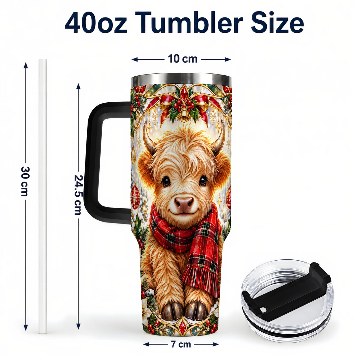 #pl[40oz|Black] Ornate Highland Cow 40oz Tumbler with Handle, Winter Travel Cup