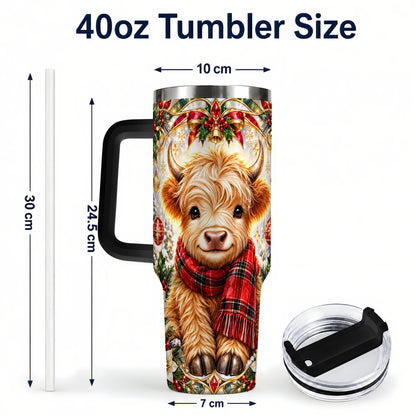 #pl[40oz|Black] Ornate Highland Cow 40oz Tumbler with Handle, Winter Travel Cup