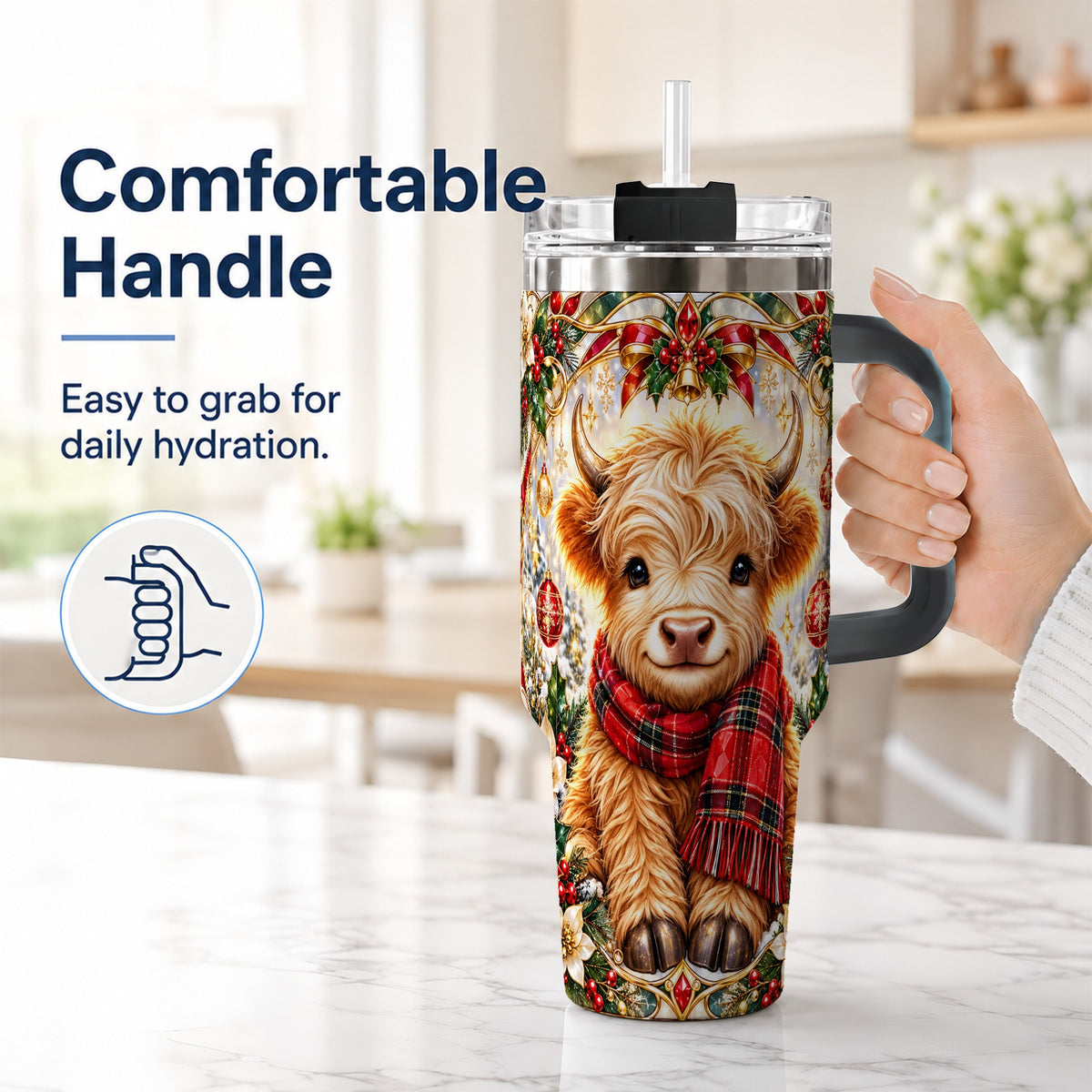 #pl[40oz|Black] Ornate Highland Cow 40oz Tumbler with Handle, Winter Travel Cup