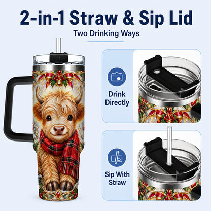#pl[40oz|Black] Ornate Highland Cow 40oz Tumbler with Handle, Winter Travel Cup