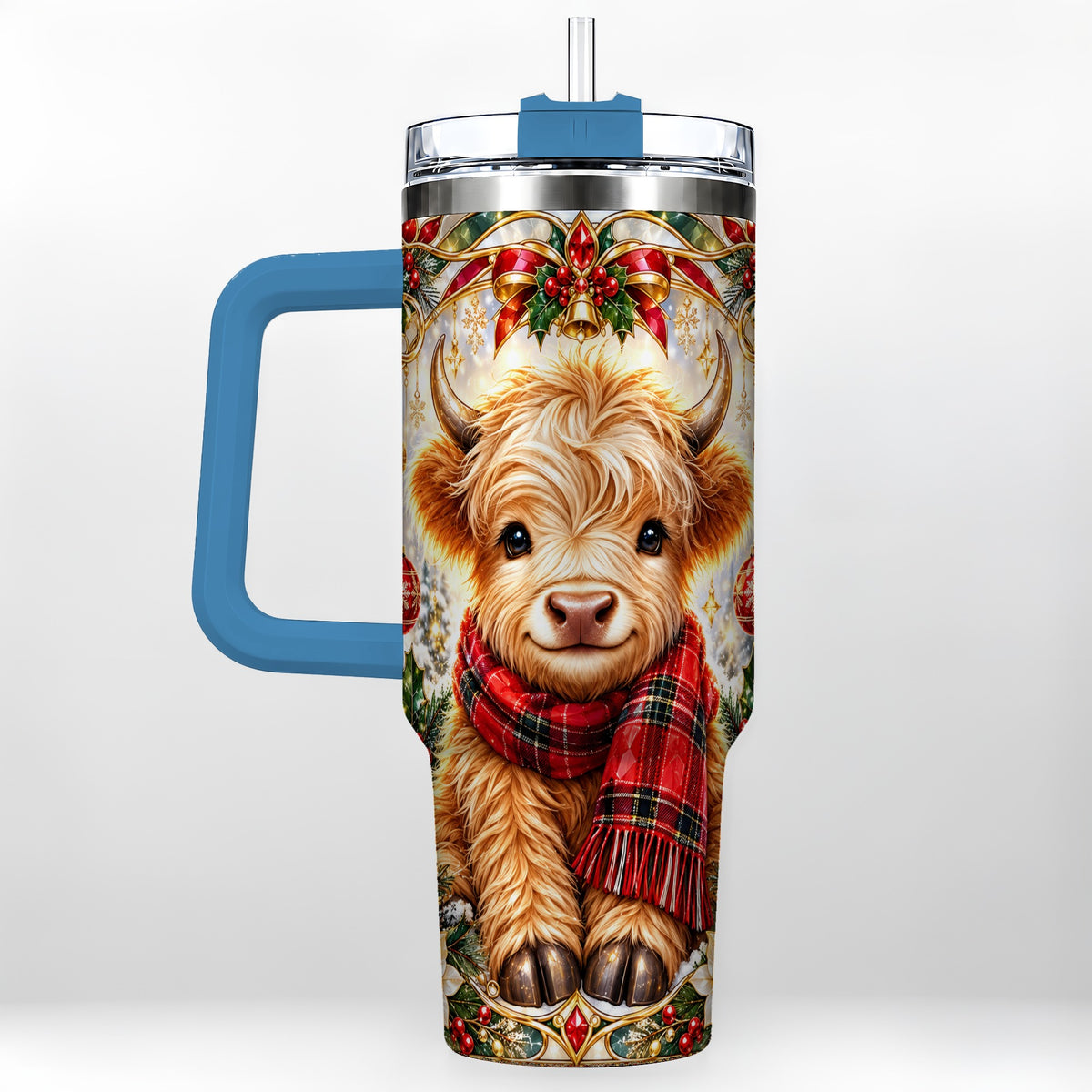 #pl[40oz|Blue] Ornate Highland Cow 40oz Tumbler with Handle, Winter Travel Cup