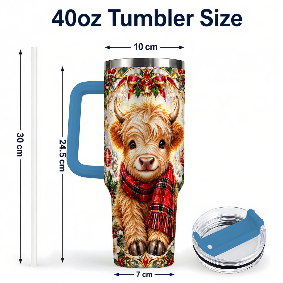 #pl[40oz|Blue] Ornate Highland Cow 40oz Tumbler with Handle, Winter Travel Cup