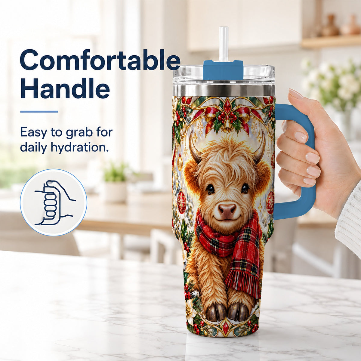 #pl[40oz|Blue] Ornate Highland Cow 40oz Tumbler with Handle, Winter Travel Cup