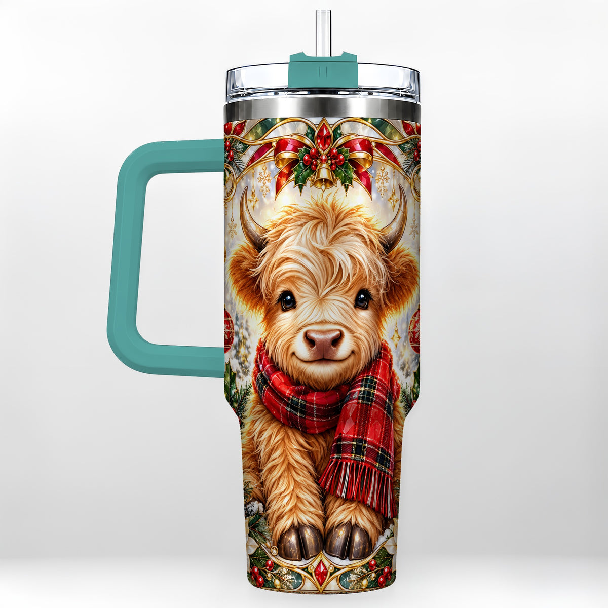#pl[40oz|Green] Ornate Highland Cow 40oz Tumbler with Handle, Winter Travel Cup