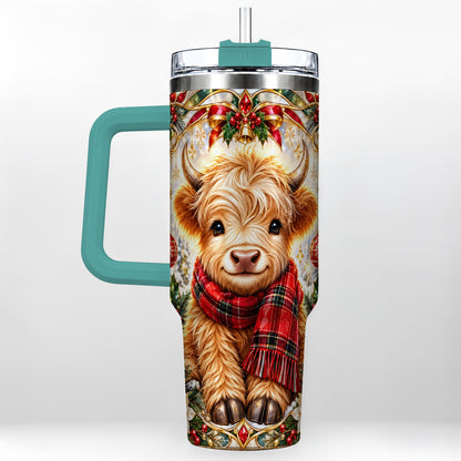 #pl[40oz|Green] Ornate Highland Cow 40oz Tumbler with Handle, Winter Travel Cup