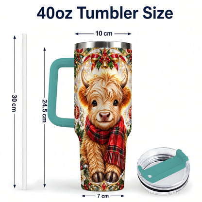 #pl[40oz|Green] Ornate Highland Cow 40oz Tumbler with Handle, Winter Travel Cup