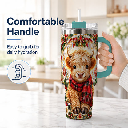 #pl[40oz|Green] Ornate Highland Cow 40oz Tumbler with Handle, Winter Travel Cup