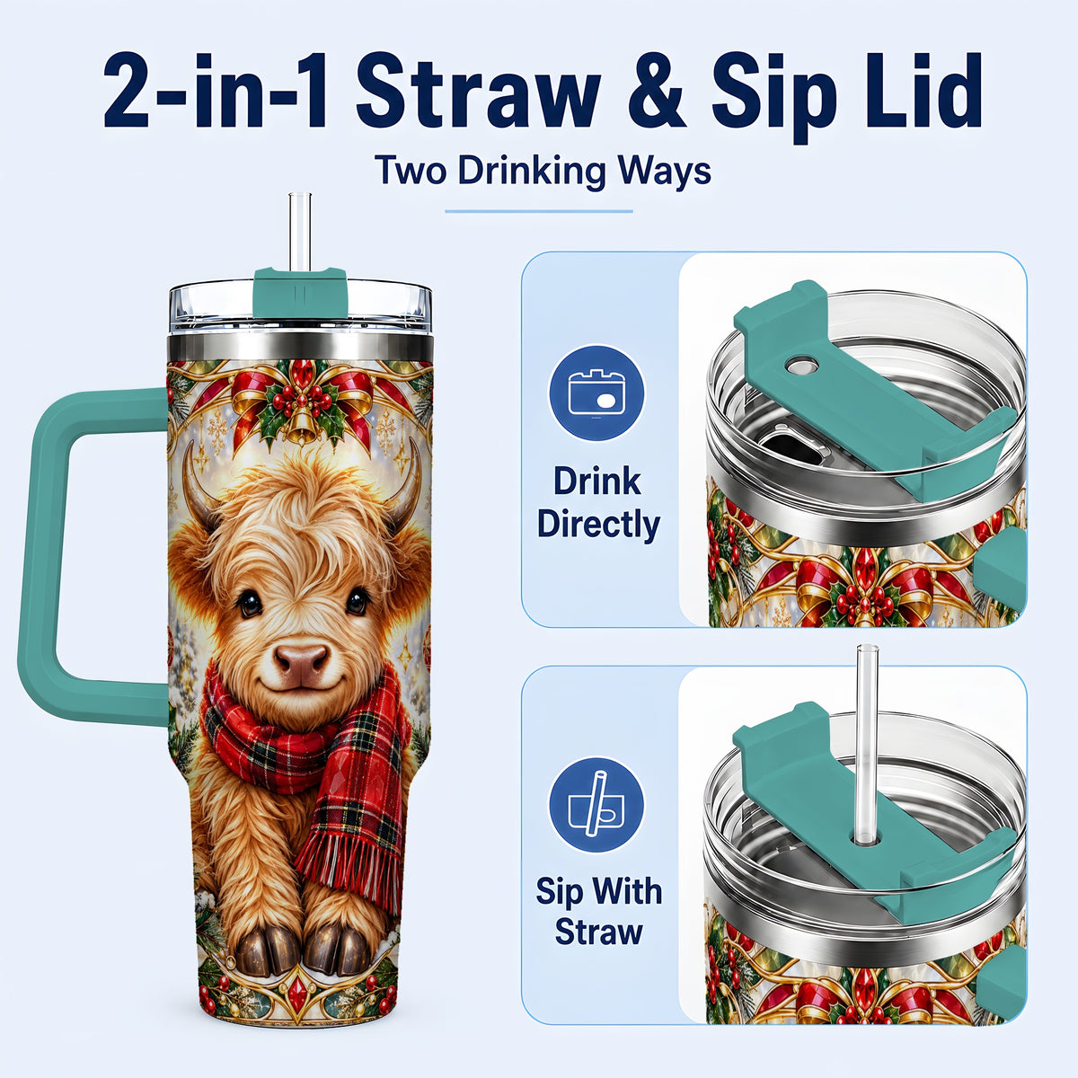 #pl[40oz|Green] Ornate Highland Cow 40oz Tumbler with Handle, Winter Travel Cup