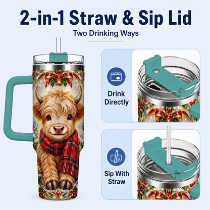 #pl[40oz|Green] Ornate Highland Cow 40oz Tumbler with Handle, Winter Travel Cup