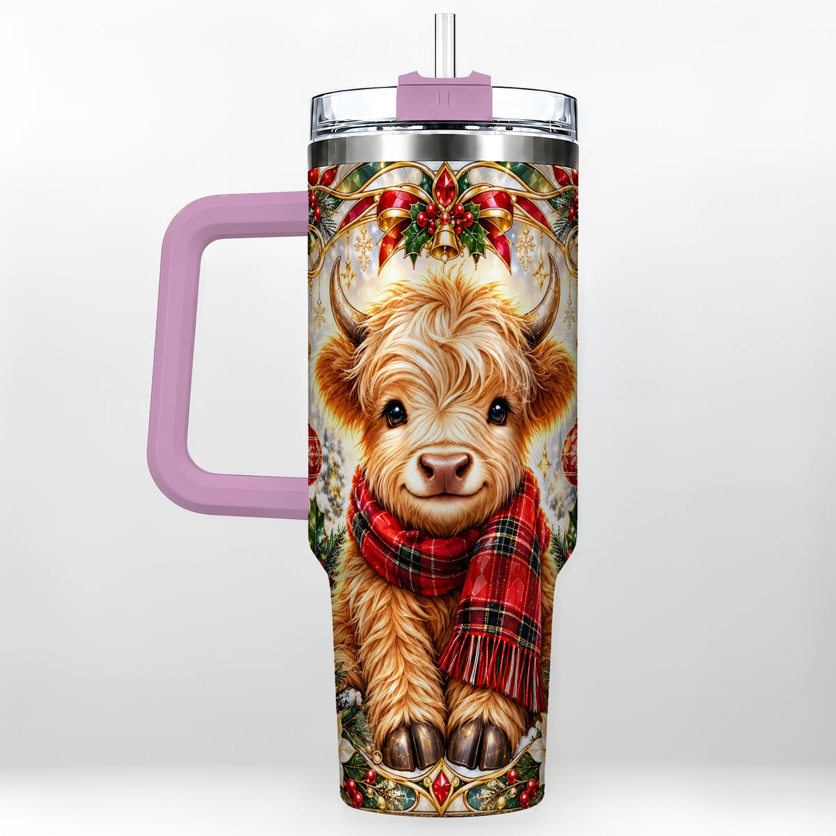 #pl[40oz|Pink] Ornate Highland Cow 40oz Tumbler with Handle, Winter Travel Cup