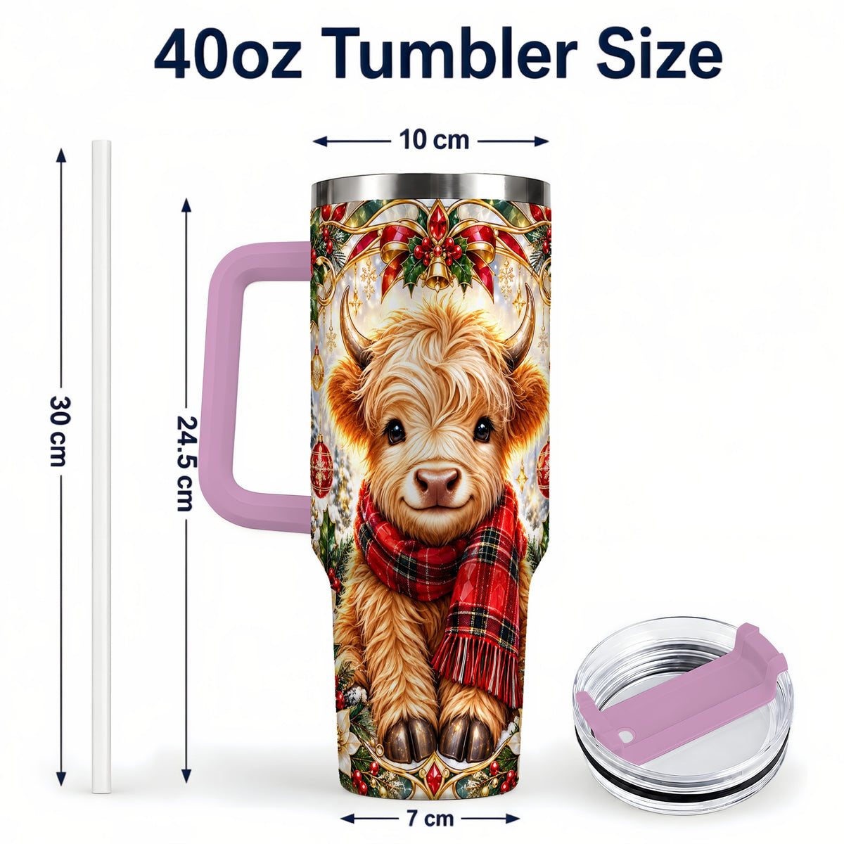 #pl[40oz|Pink] Ornate Highland Cow 40oz Tumbler with Handle, Winter Travel Cup