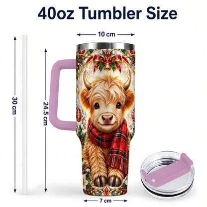#pl[40oz|Pink] Ornate Highland Cow 40oz Tumbler with Handle, Winter Travel Cup