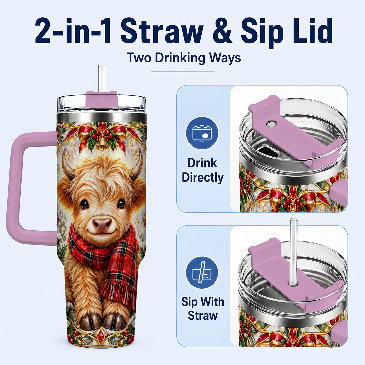 #pl[40oz|Pink] Ornate Highland Cow 40oz Tumbler with Handle, Winter Travel Cup