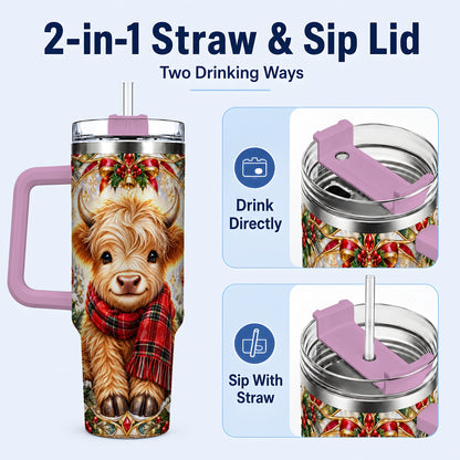 #pl[40oz|Pink] Ornate Highland Cow 40oz Tumbler with Handle, Winter Travel Cup