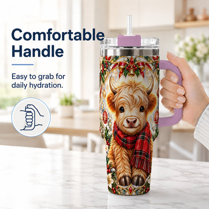 #pl[40oz|Pink] Ornate Highland Cow 40oz Tumbler with Handle, Winter Travel Cup